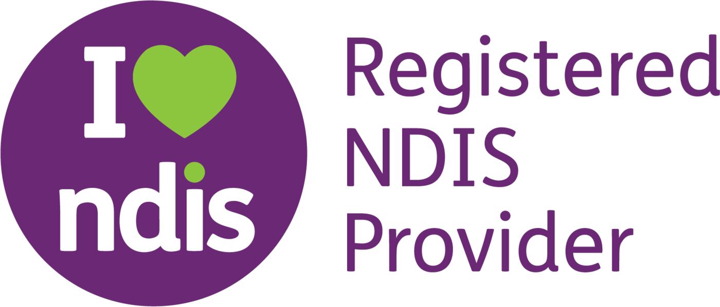 I love NDIS in a purple circle with text Registered NDIS Provider beside it.